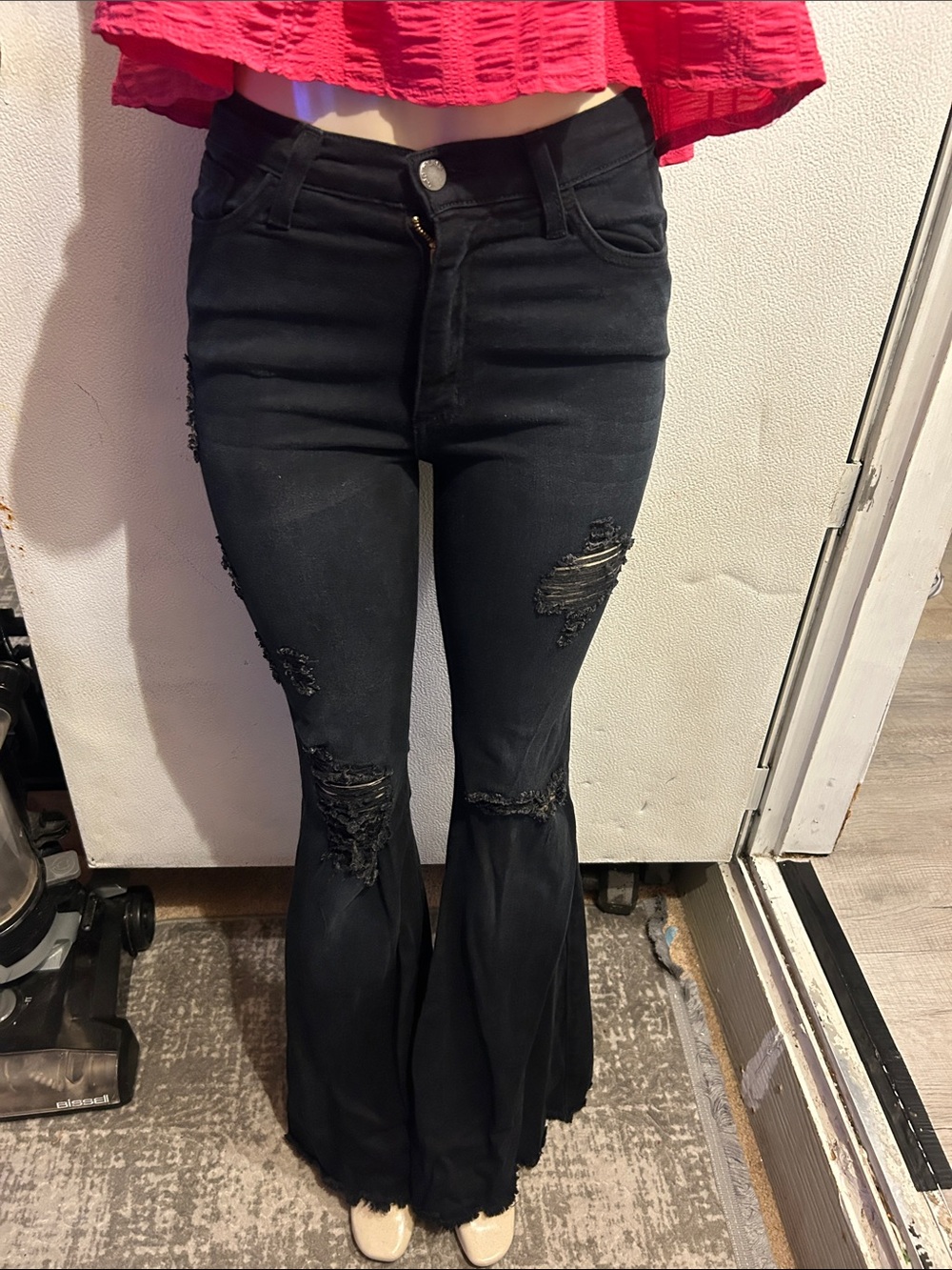 High-Rise Black Distressed Flare Jeans for Women